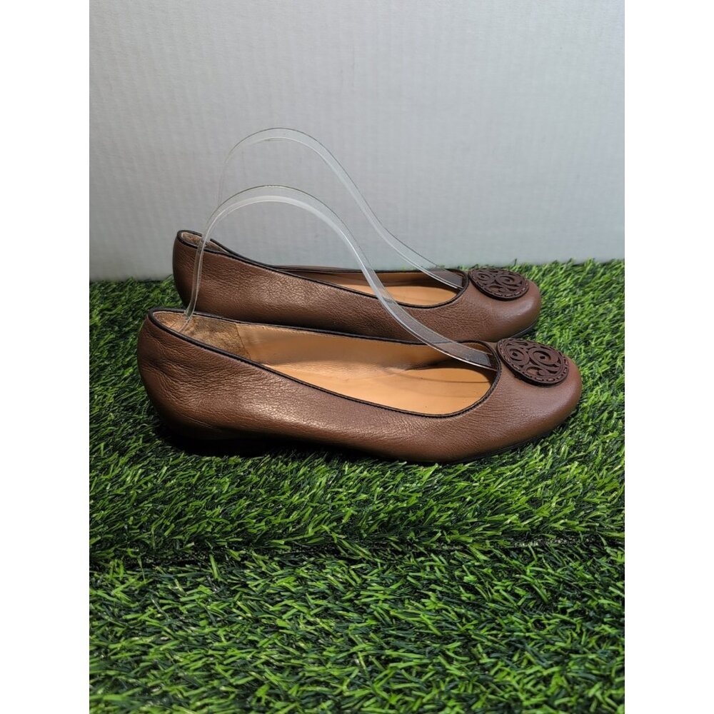 Brighton Badge Womens Brown Leather Slip On Flats Shoes Sz 8.5 M